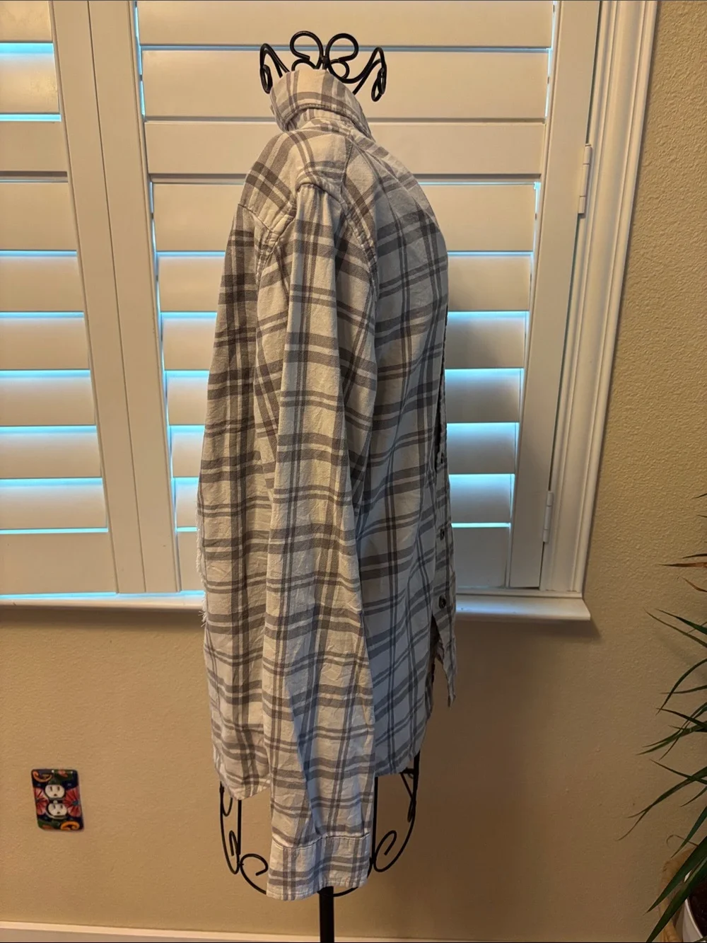 Handmade one of a kind Yellowstone Plaid Patch Back Button-Up Shirt - White/Grey - Picture 2 of 6